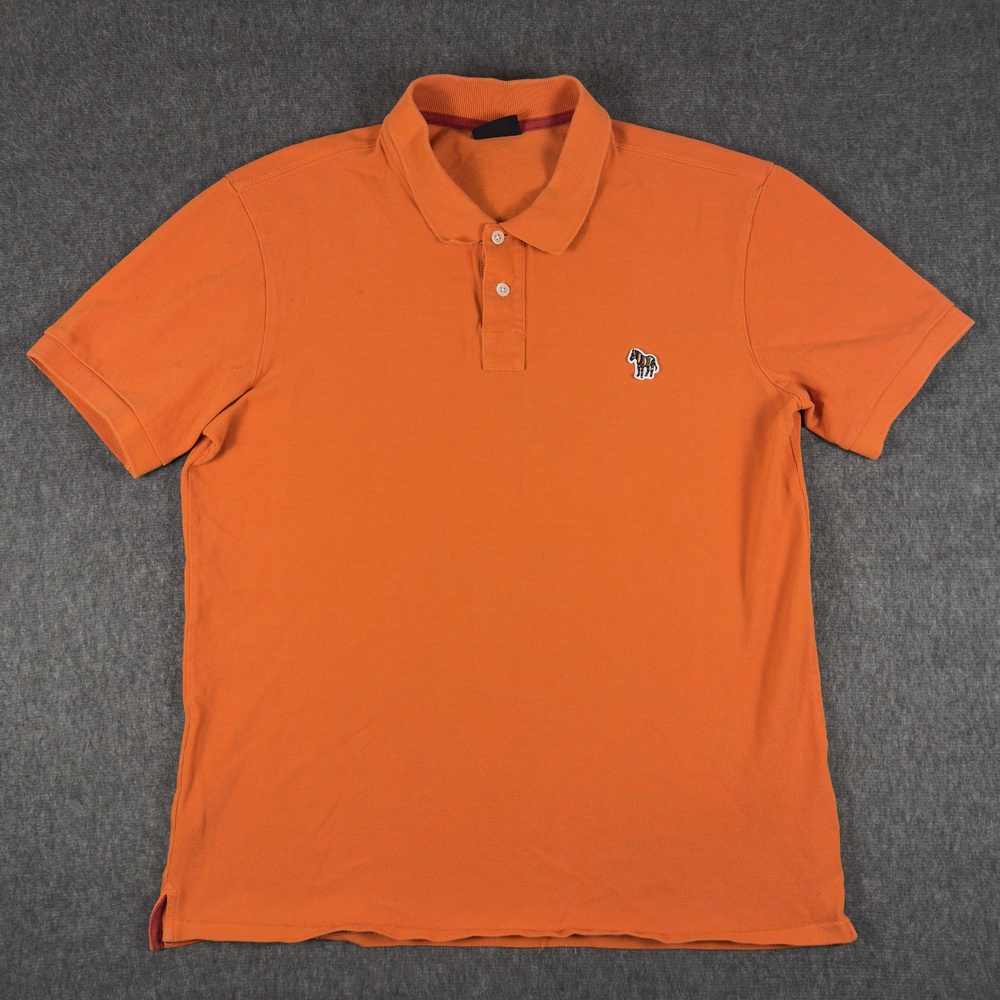 Paul Smith Polo Shirt Mens Large Orange Solid Zebra Logo Organic Cotton Knit